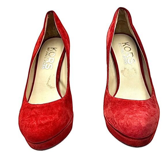 Michael Kors Red Suede 5” Platform Animal Print Soled Heels Size 8 Medium - Picture 3 of 11
